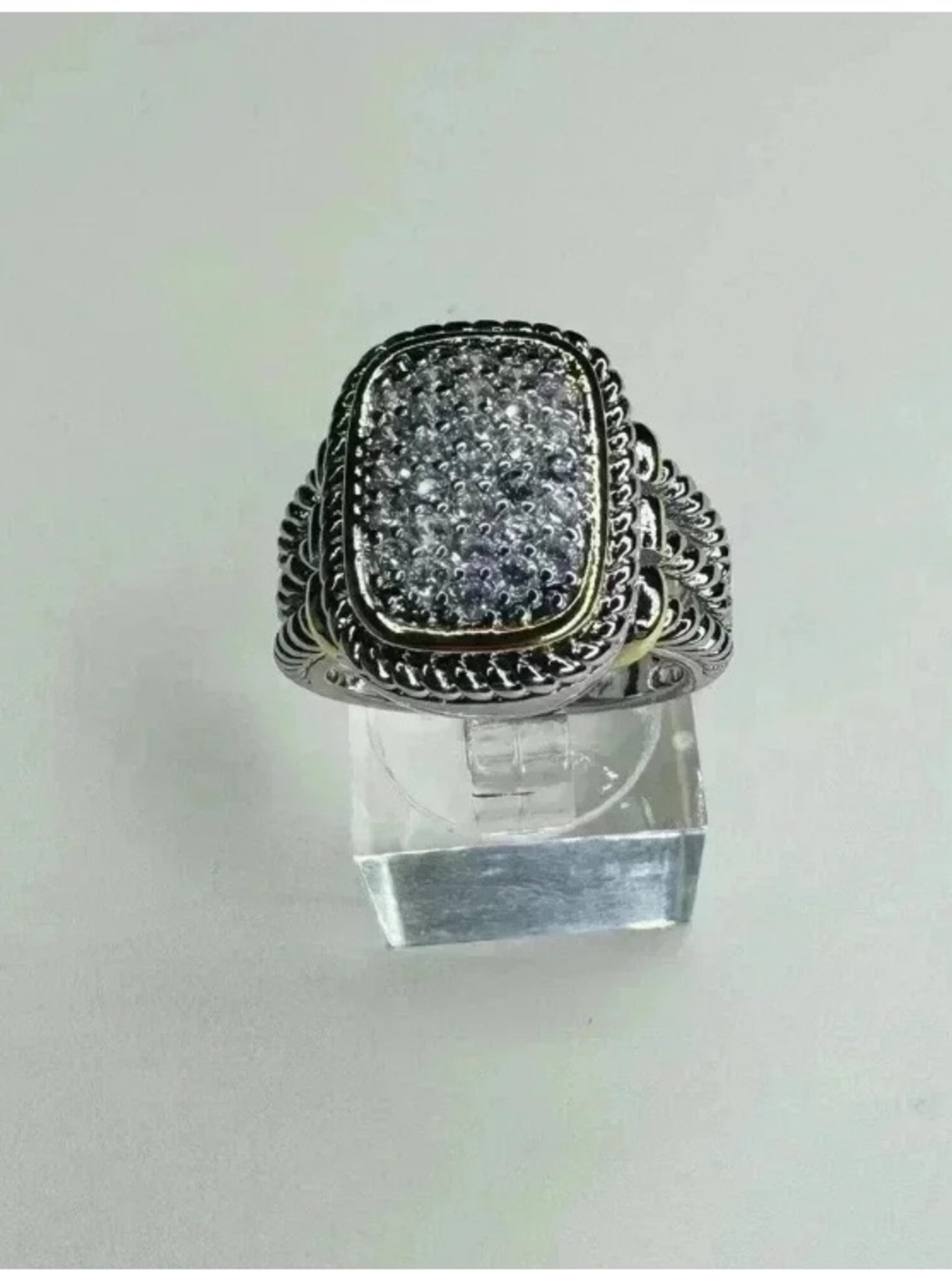 Boutique Chunky Rhodium Plated Pave Crystals Square Twisting Cable Bands Ring